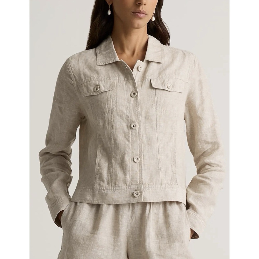 Quince Flax 100% European Linen Jacket Trucker Crop Womens Sz M Neutral Academia